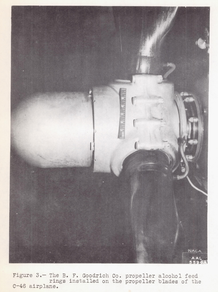 Figure 3. The B. F. Goodrich propeller alcohol feed
rings installed on the propeller blades of the C-46 airplane.